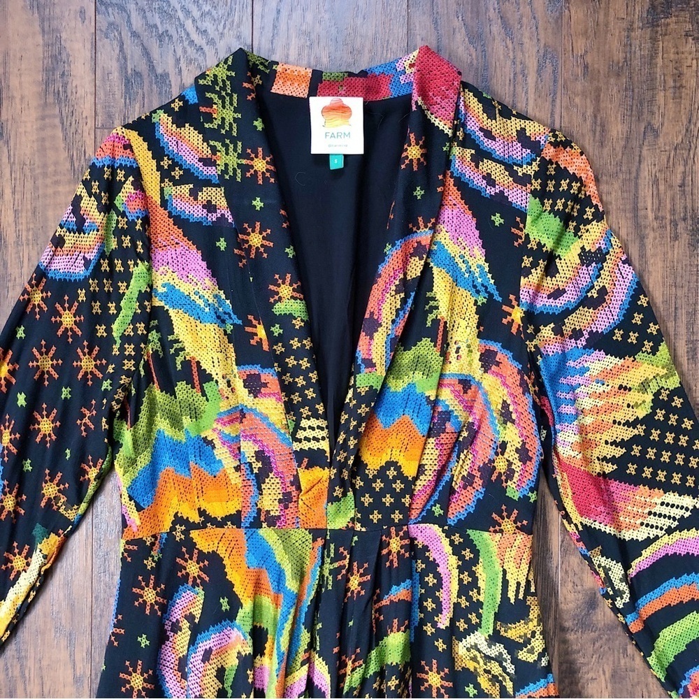 Farm Rio • Macaw Island Dress long sleeve maxi black cross stitch print - Picture 5 of 16
